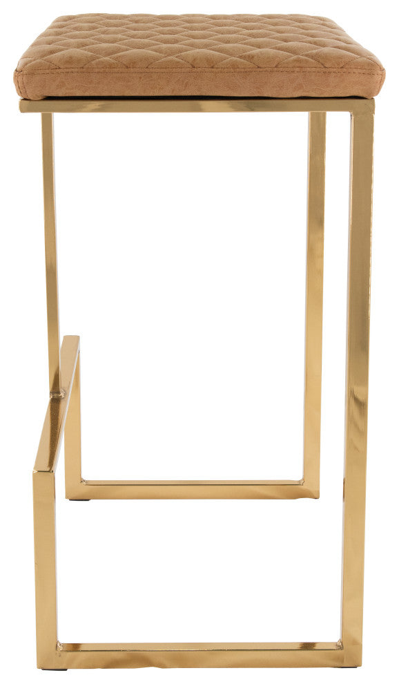Quincy Leather Barstool Square Seats and Gold Metal Frame, Light Brown