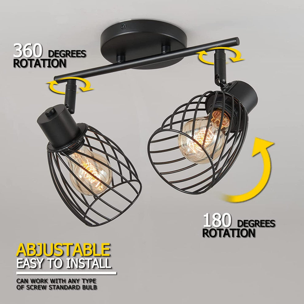 2 Light Semi Flush Mount, Farmhouse, Vintage, Cage, Black