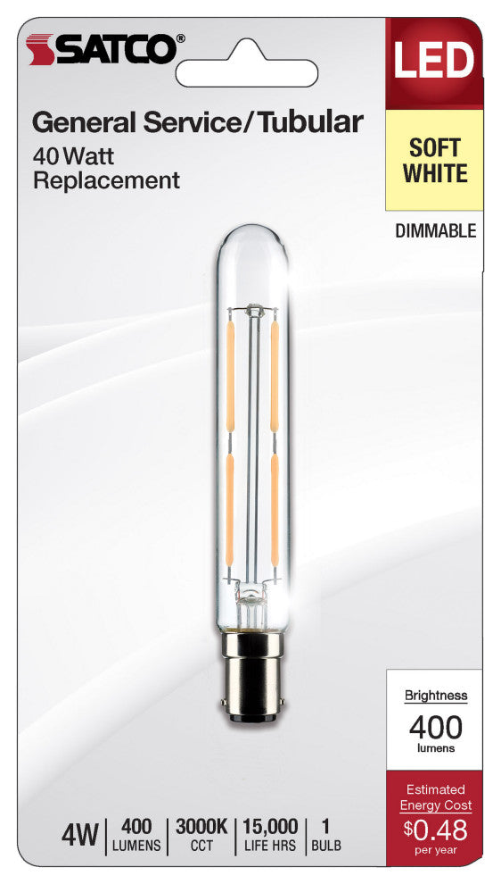 4W T6.5 LED, Clear, Bayonet Double Contact Base, 3000K, 400 Lumens, 120V