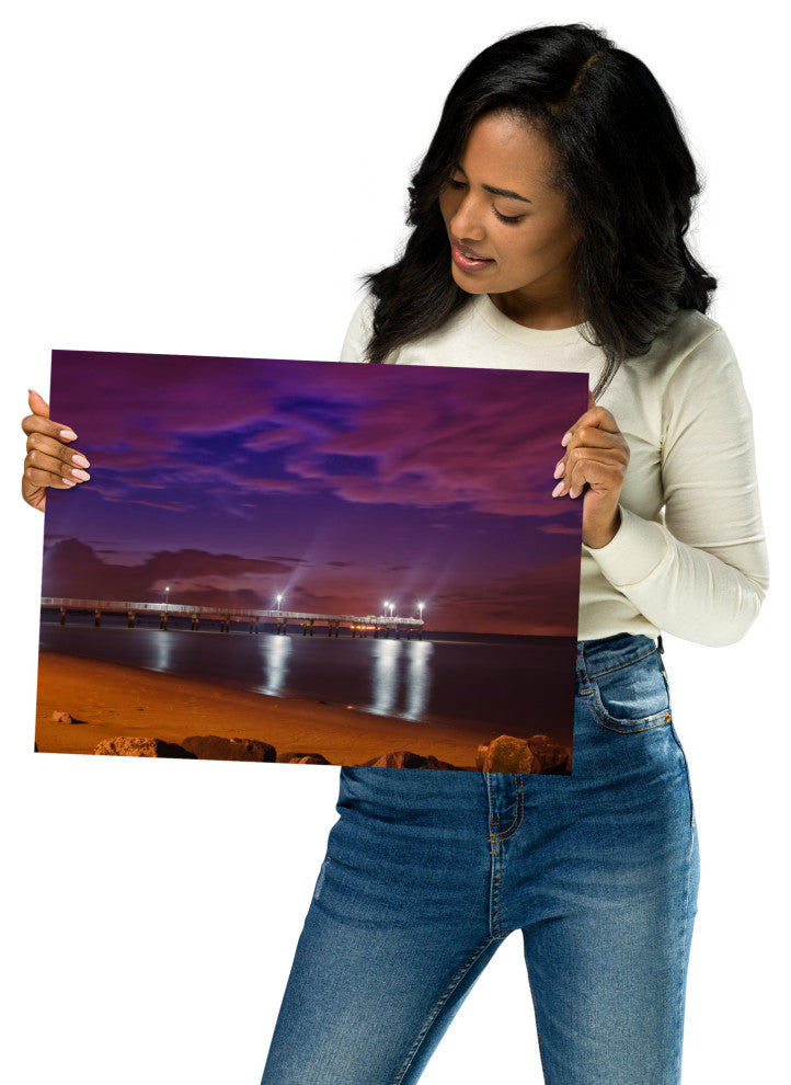 The Pier at Woodland Beach Night Coastal Photo Unframed Wall Art Print, 12" X 16"