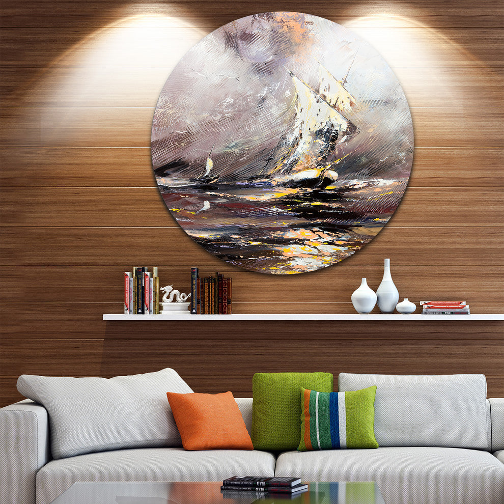 Vessel In Stormy Sea, Seascape Painting Large Disc Metal Wall Art, 11"