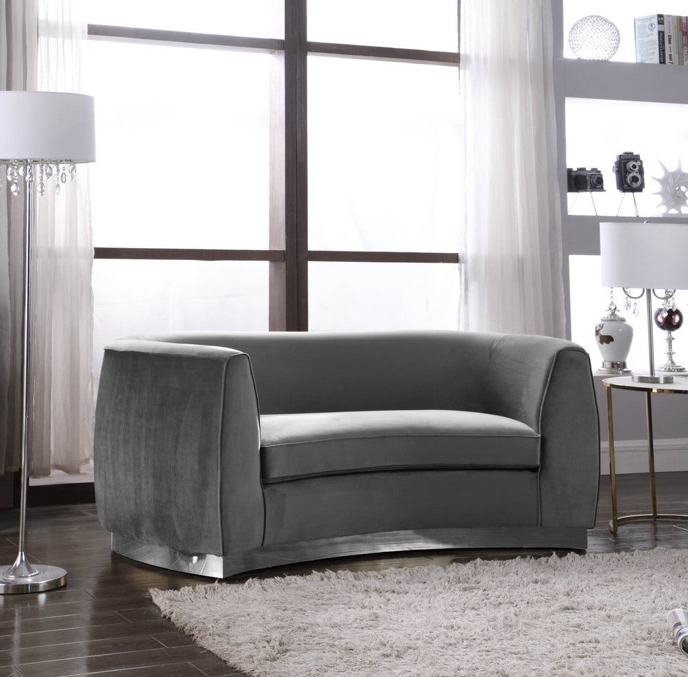 Julian Velvet Upholstered Loveseat, Gray, Chrome Base