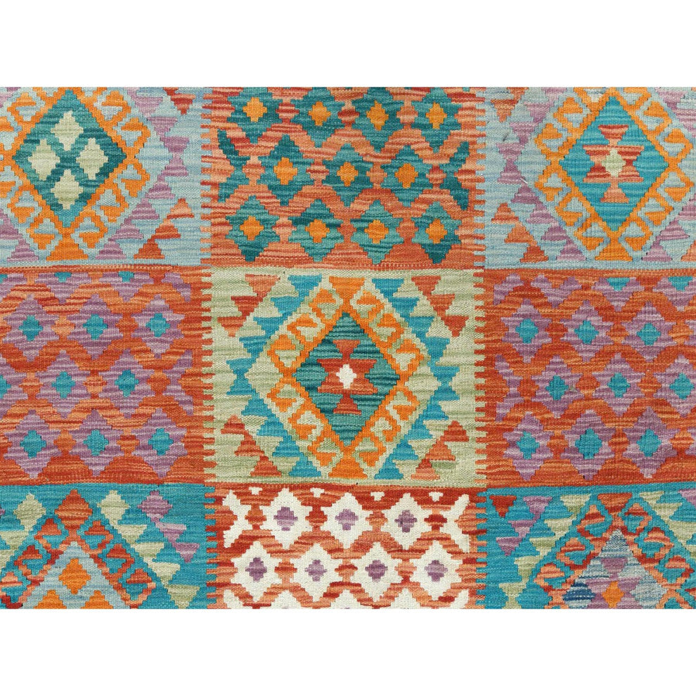 Colorful, Veggie Dyes Organic Wool Hand Woven, Afghan Kilim Rug, 9'9"x13'0"