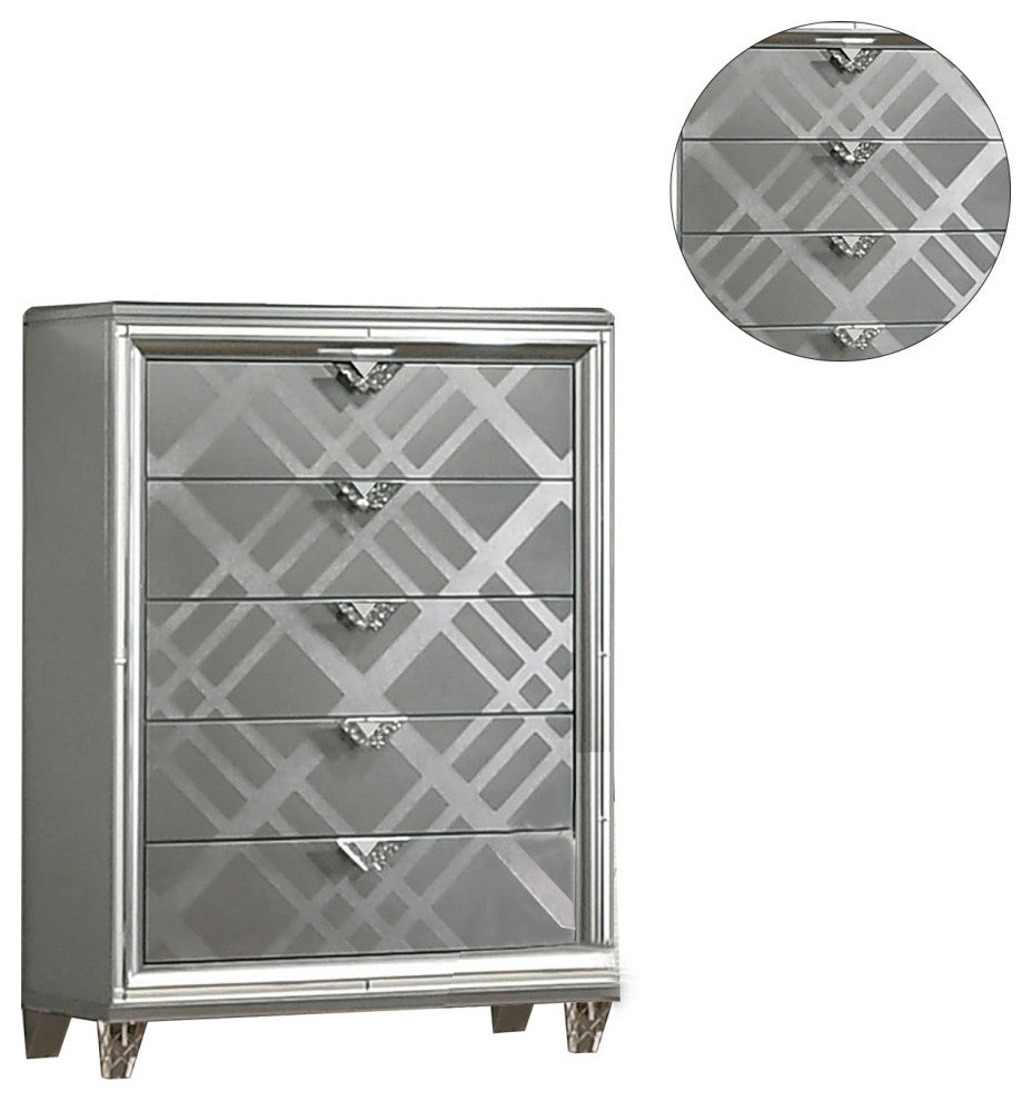Mirror and Wood Chest with 5 Drawers, Silver