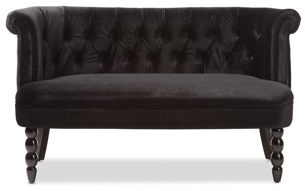 Flax Victorian Style Black Velvet Fabric Upholstered 2-seater Loveseat