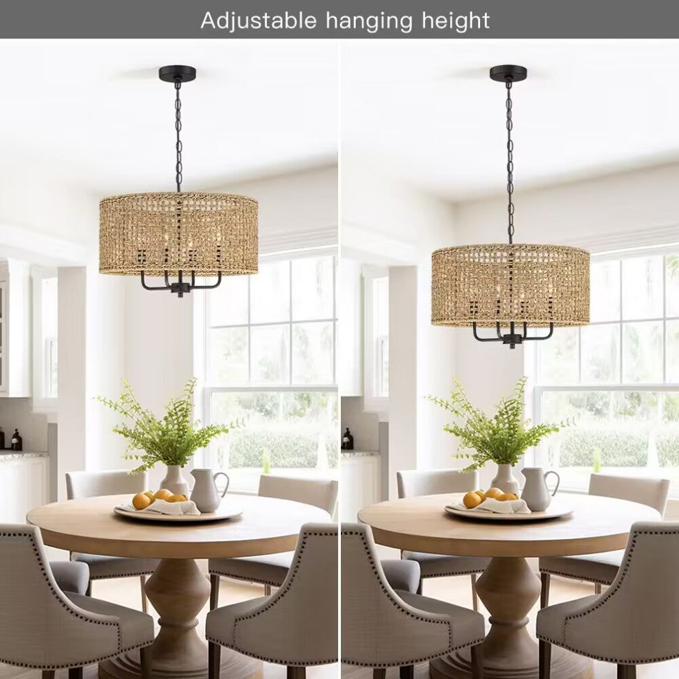 20" 4-Light Bohemian Coastal Drum Chandelier with Seagrass Hand Woven Shade