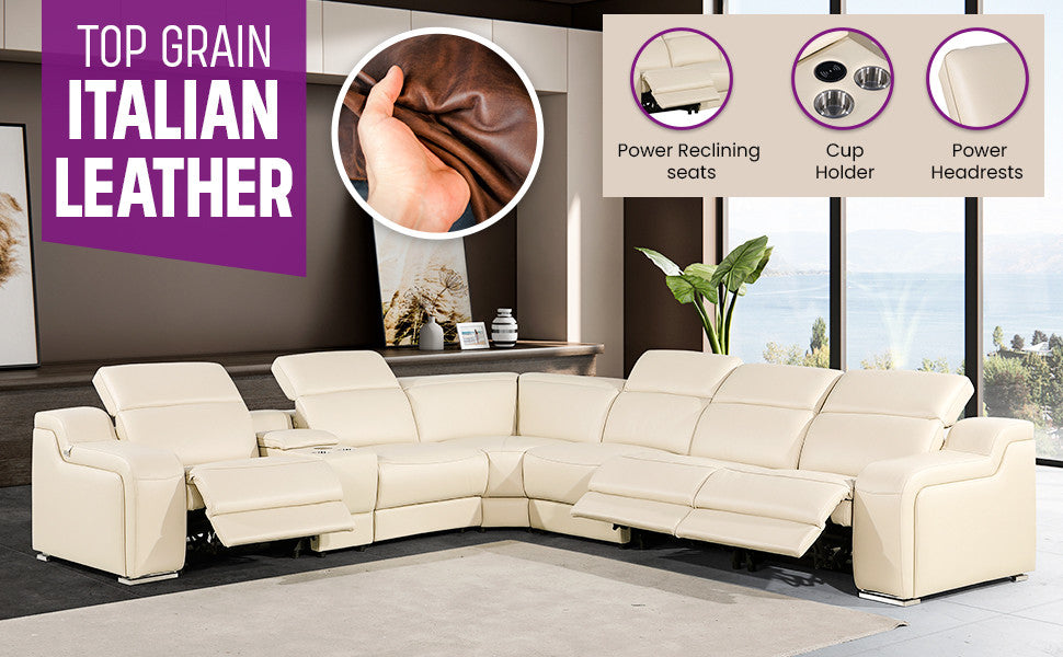 Marco-7-Piece, 3-Power Reclining Italian Leather Sectional, White