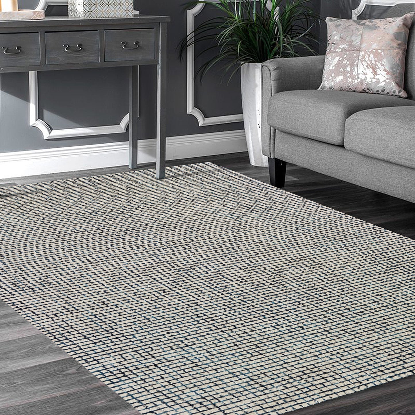 Indigo Grid Area Rug, 7'9"x9'9"