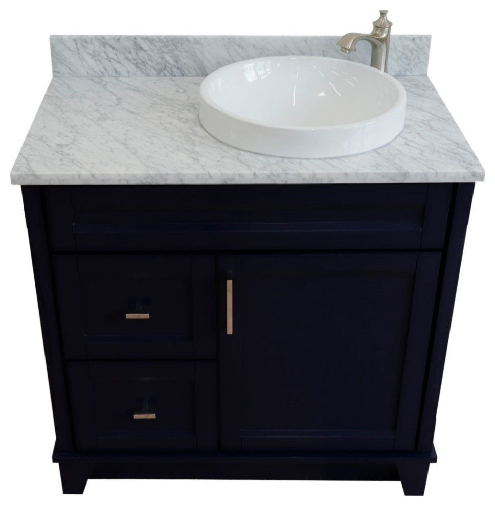 37" Single Sink Vanity, Blue Finish With White Carrara Marble
