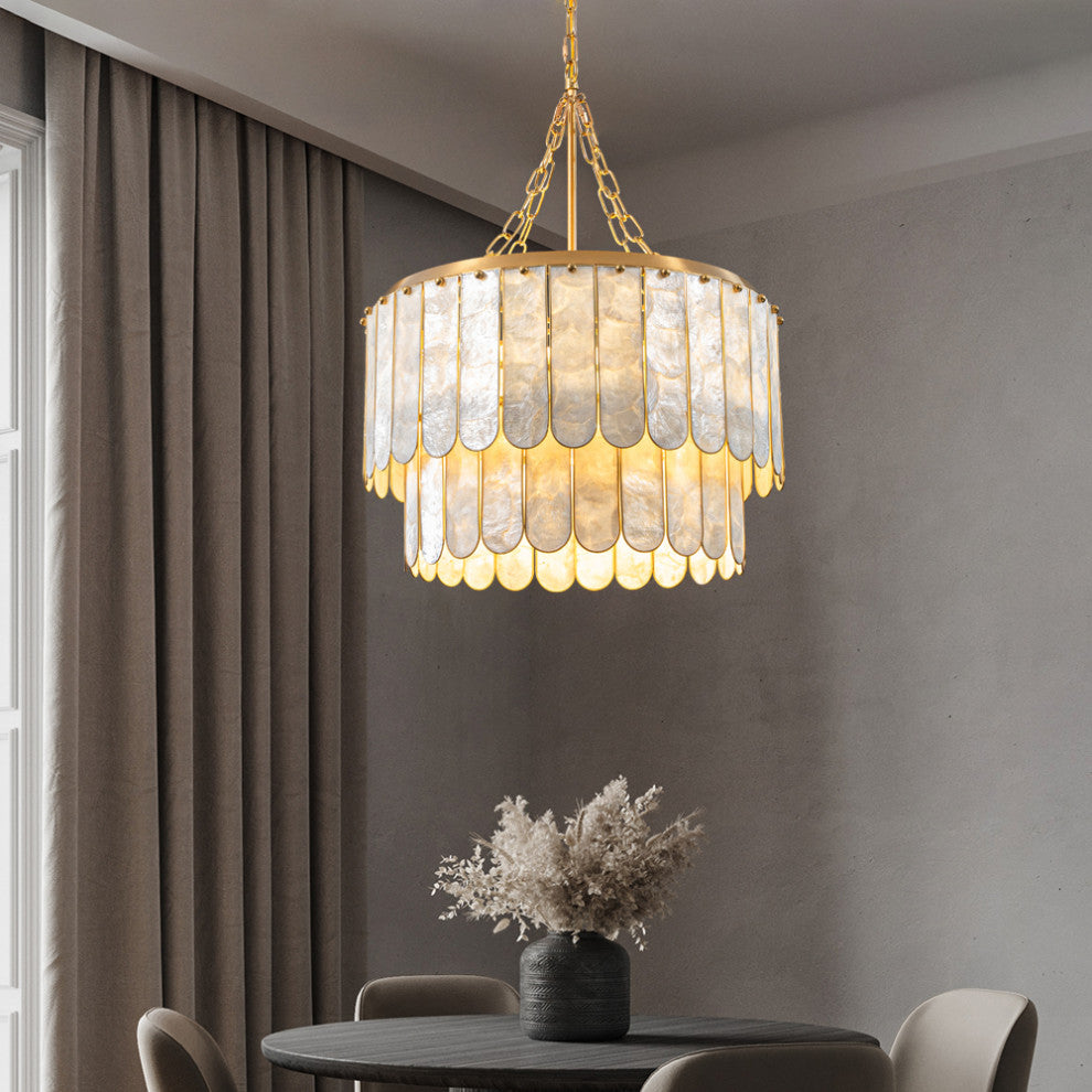 5-Light Capiz Shell 2 Tiered Faceted Chandelier Pendant Light Gold White