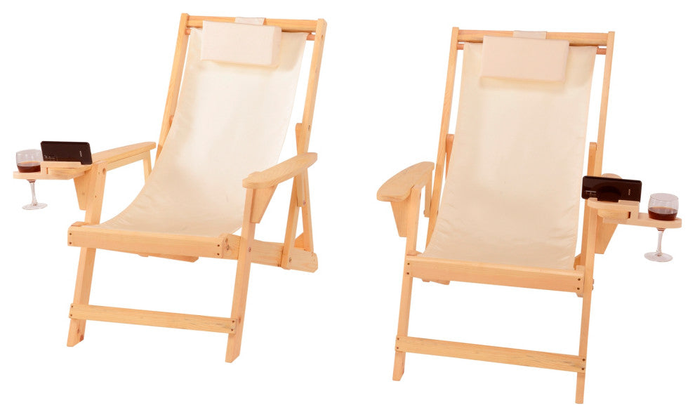 Romantic Collection Canvas Sling Chair with Cup and Wine Holder, Natural Frame B