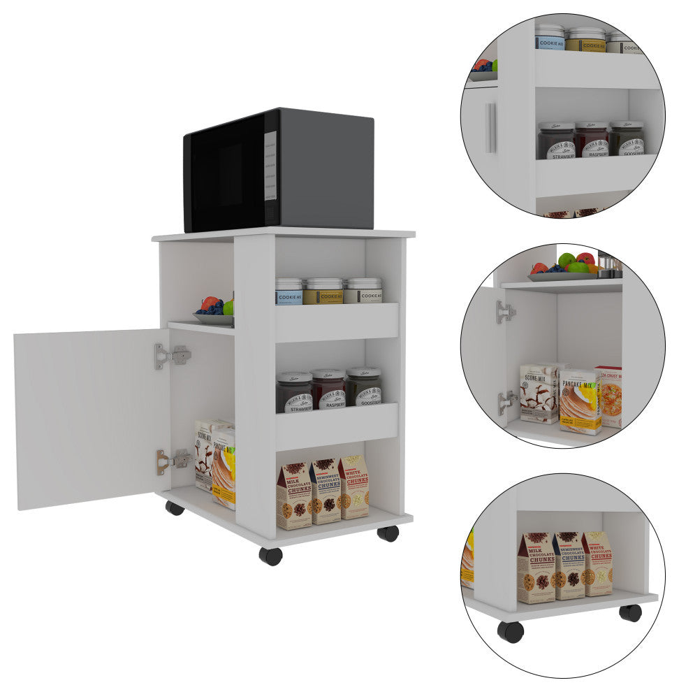Clayton Microwave Cabinet with 3 Open Shelves, Cabinet, and Caster Wheels, White