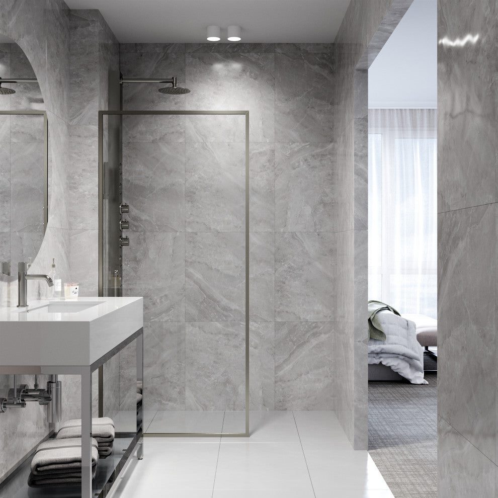 VIGO Meridian Framed Fixed, Stainless Steel, Shower Screen, 34" W X 74" H, Clear Glass