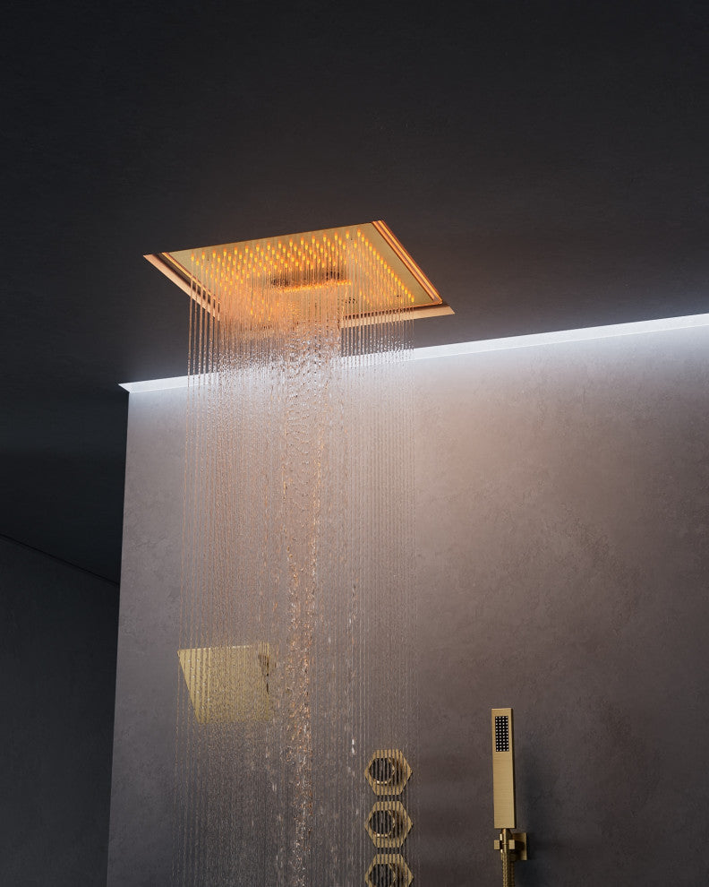 Music Shower System 16x6"Rainfall LED Shower Head With4 Way Thermostatic Faucet, Brushed Gold