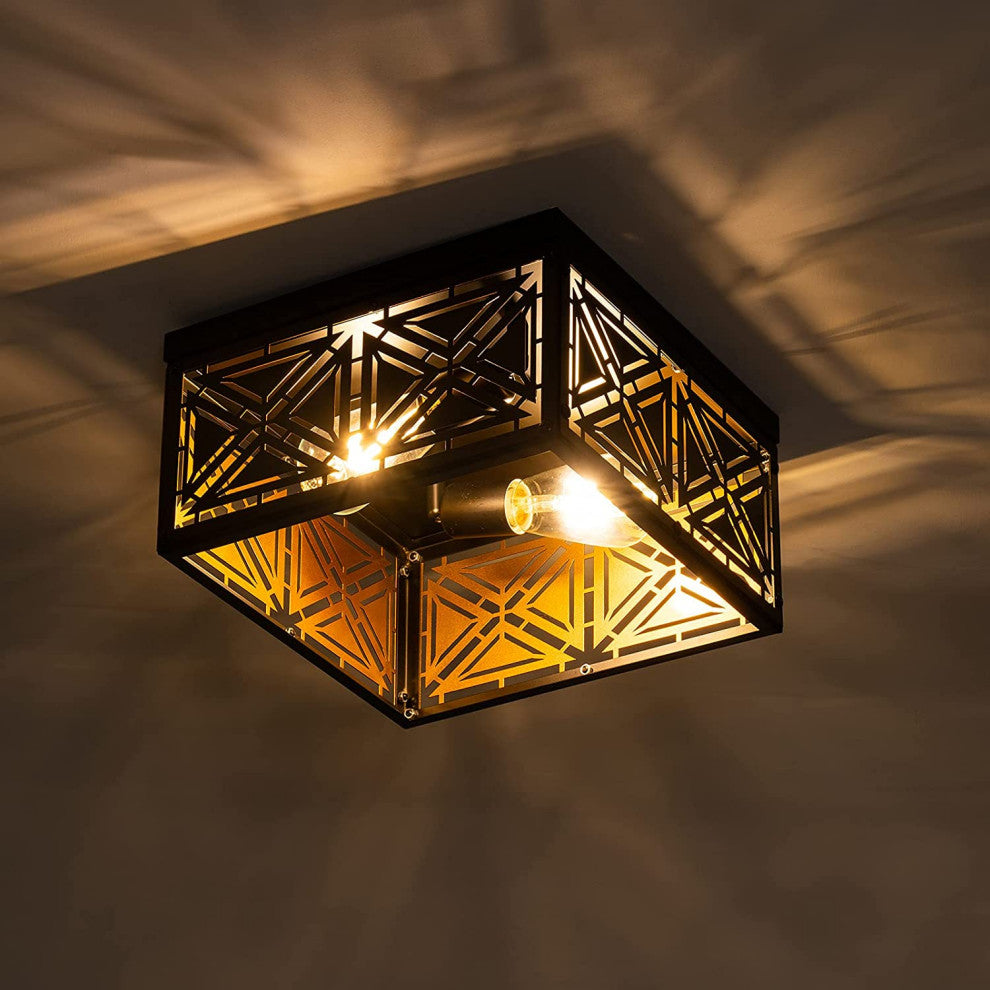 Black Square Ceiling Lamp, Farmhouse, Rust, Flush Mount