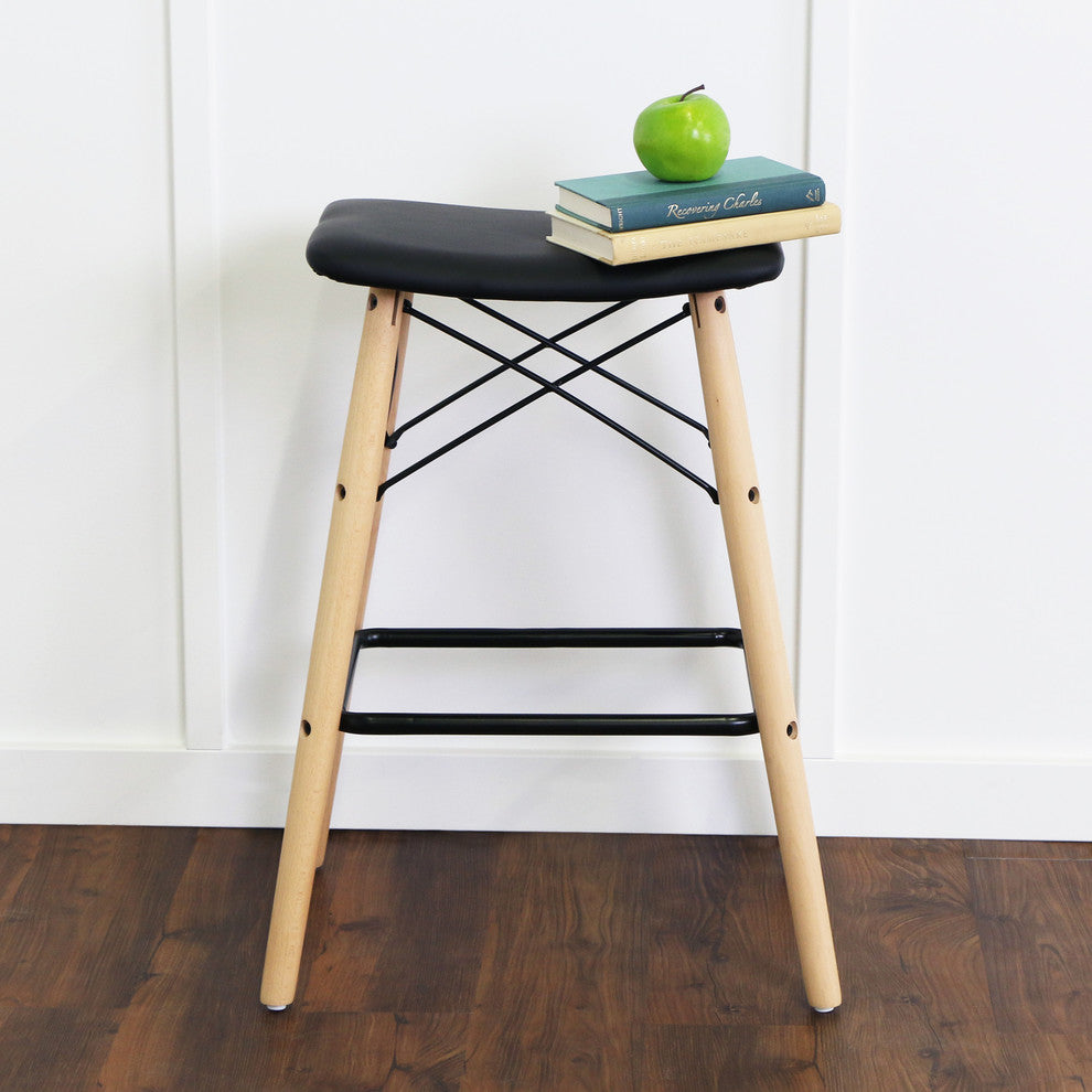 Mid Century Faux Leather Solid Wood Metal Kitchen Counter Height Stool - Black