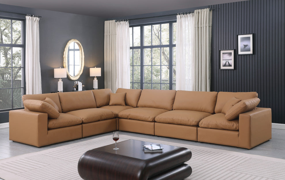 Comfy Upholstered L-Shaped Modular Sectional, Cognac, 6-Piece: 3 Armless Chair, 3 Corner Chair, Vegan Leather