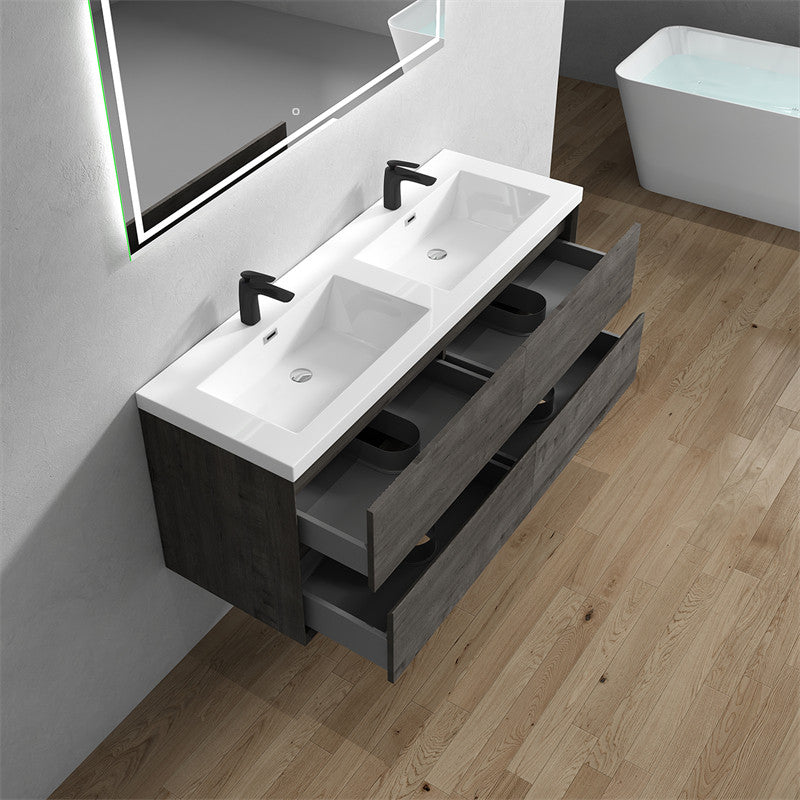Ashley 60'' Floating Vanity, Acrylic Top, Double Sink, Smoke Oak