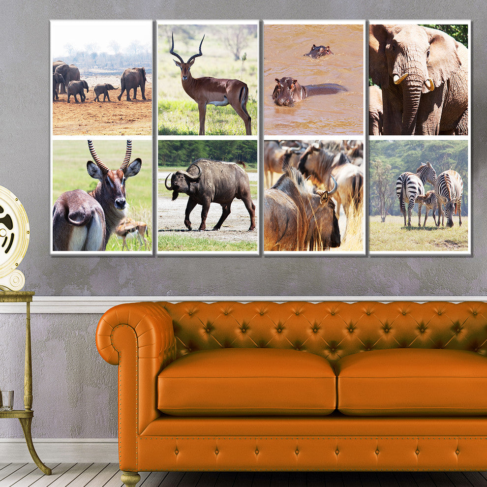 Rich African Wildlife Collage, Animal Art Painting, 48"x28", 4 Panels