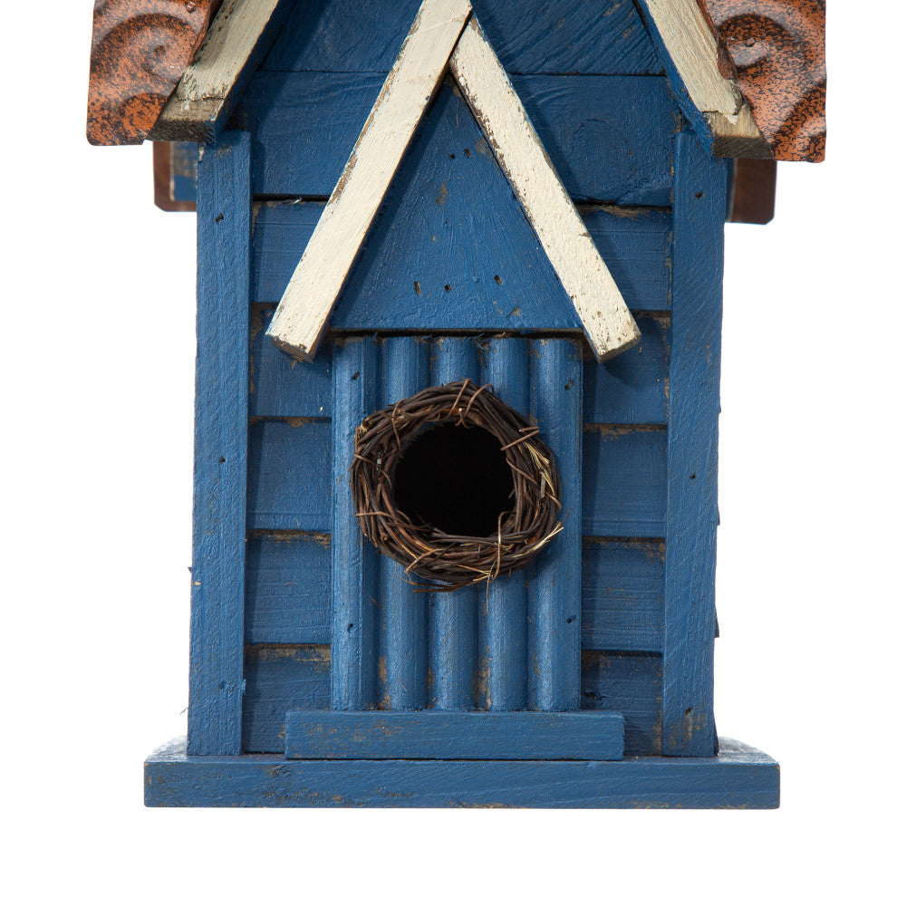 12"H Retro Blue Distressed Solid Wood Cottage Birdhouse