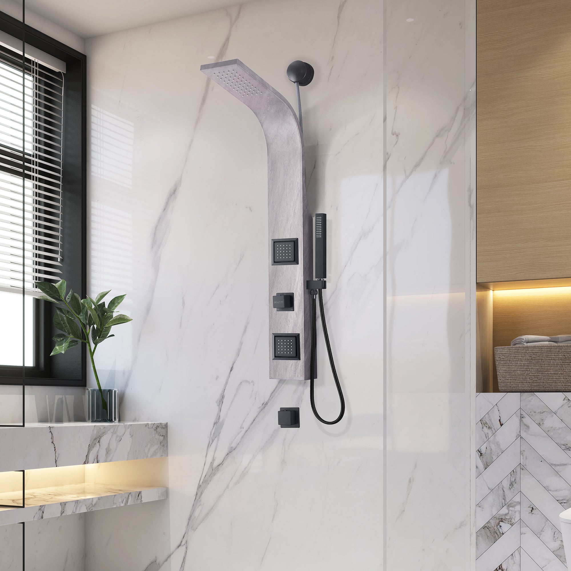 Aura 2-Jetted Shower Panel With Heavy Rain Shower and Spray Wand, Gray Marble