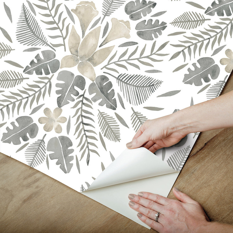 Gray & Taupe Gray Cat Coquillette Tropical Peel & Stick Wallpaper
