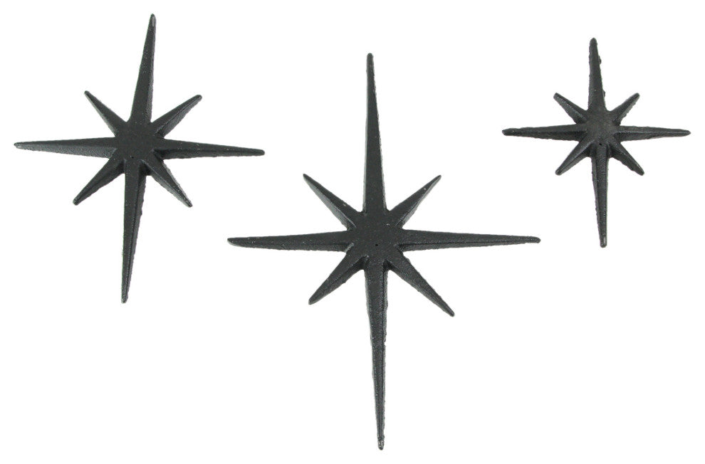 Set of 3 Black Cast Iron 8 Pointed Starburst Wall Hangings Mid Century Stars