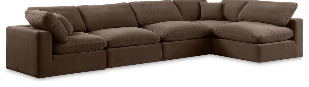 Comfy Upholstered L-Shaped Modular Sectional, Brown, 5-Piece: 3 Armless Chair, 2 Corner Chair, Velvet