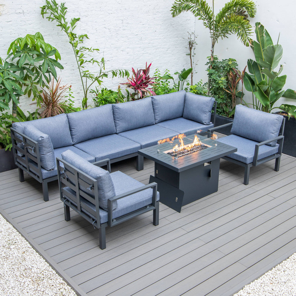 LeisureMod Hamilton 7-Piece Patio Sectional Set With Fire Pit Table, Blue