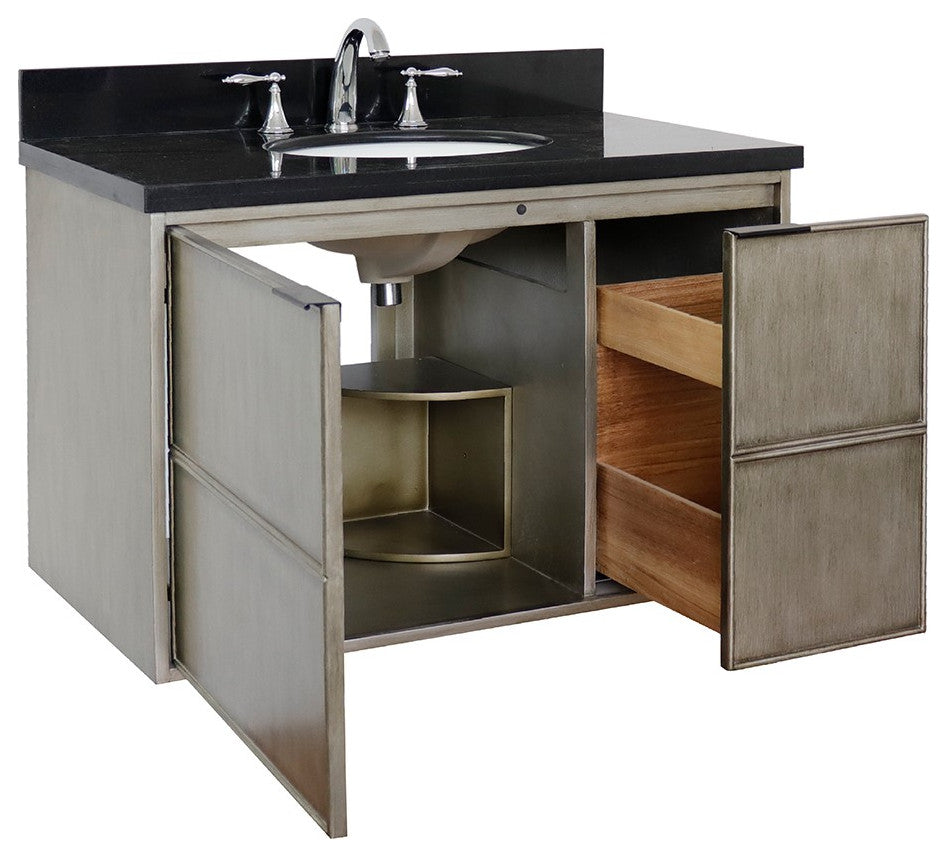 37" Single Wall Mount Vanity, Linen Brown Finish With Black Galaxy Top