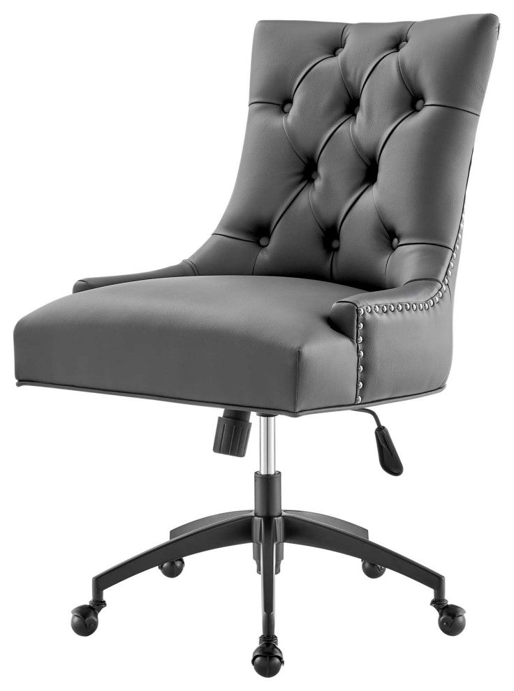 Computer Work Desk Tufted Chair, Faux Vegan Leather, Black Gray, Home Office