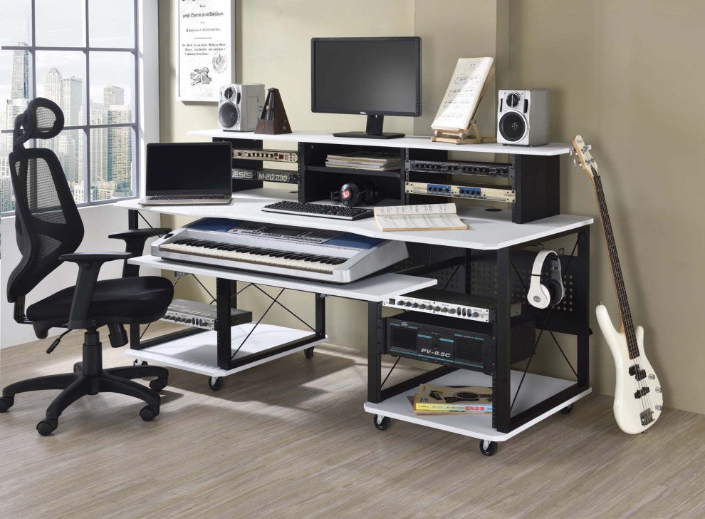 Rectangular Music Desk Table With Wheels, White and Black