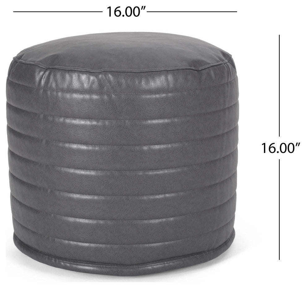 Conrail Contemporary Faux Leather Channel Stitch Pouf, Gray, Cylinder