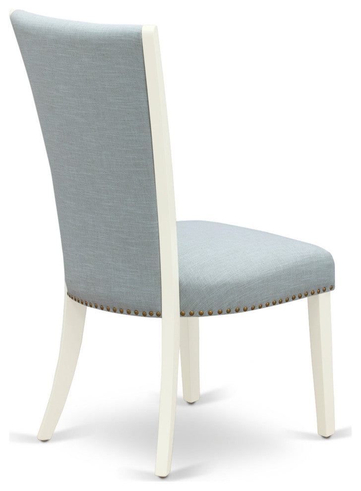 A Dining Set Of 4 Chairs, Baby Blue Color, Square Table, Linen White Color