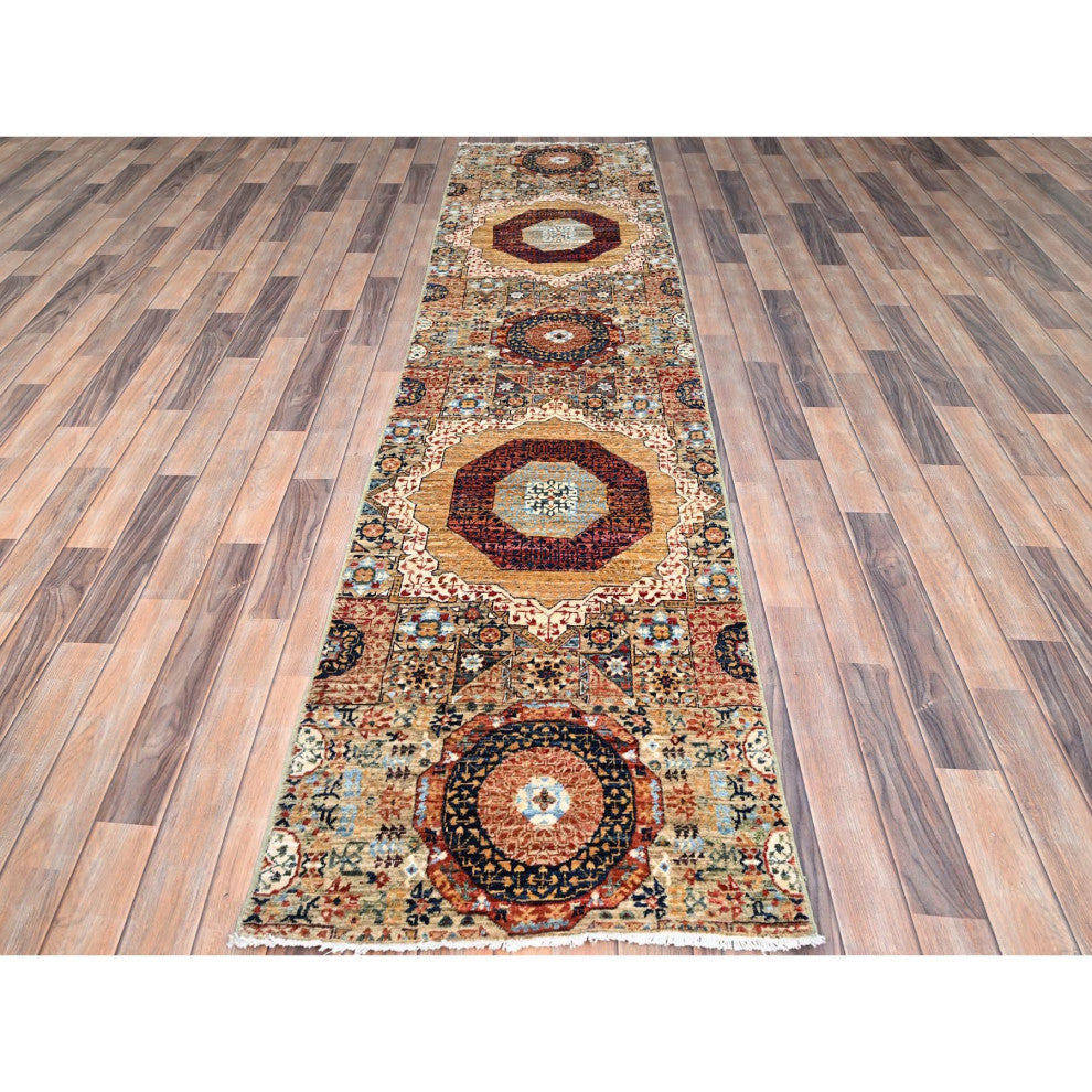 White, Mamluk Design, Soft Wool, Hand Knotted, Runner Oriental Rug, 2'5"x10'3"