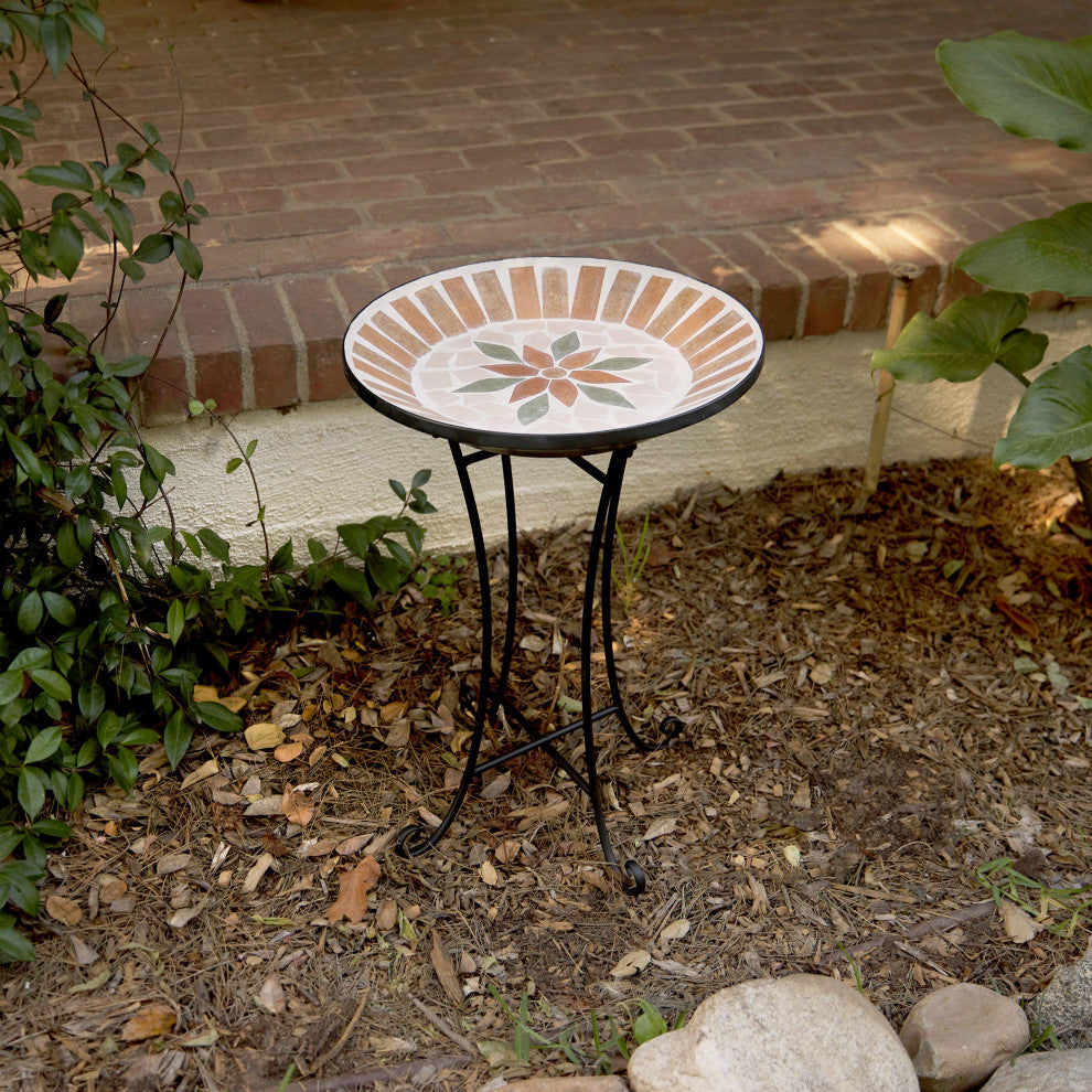 25"H Outdoor Decorative Mosaic Birdbath with Metal Stand, Tan/Beige