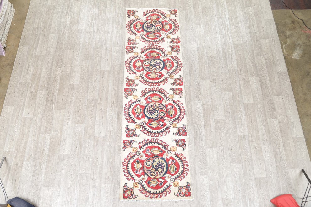Hand Made Oriental Pakistani Traditional Kazak Runner Rug, Beige, 9'7"X2'10"