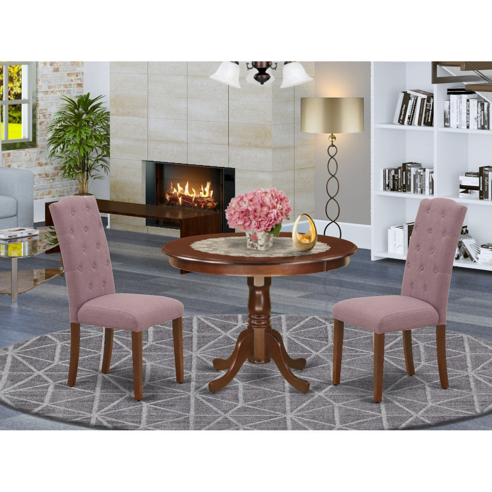 3Pc Dinette Set, Rounded Table, Two Parson Chairs, Dahlia Fabric, Mahogany