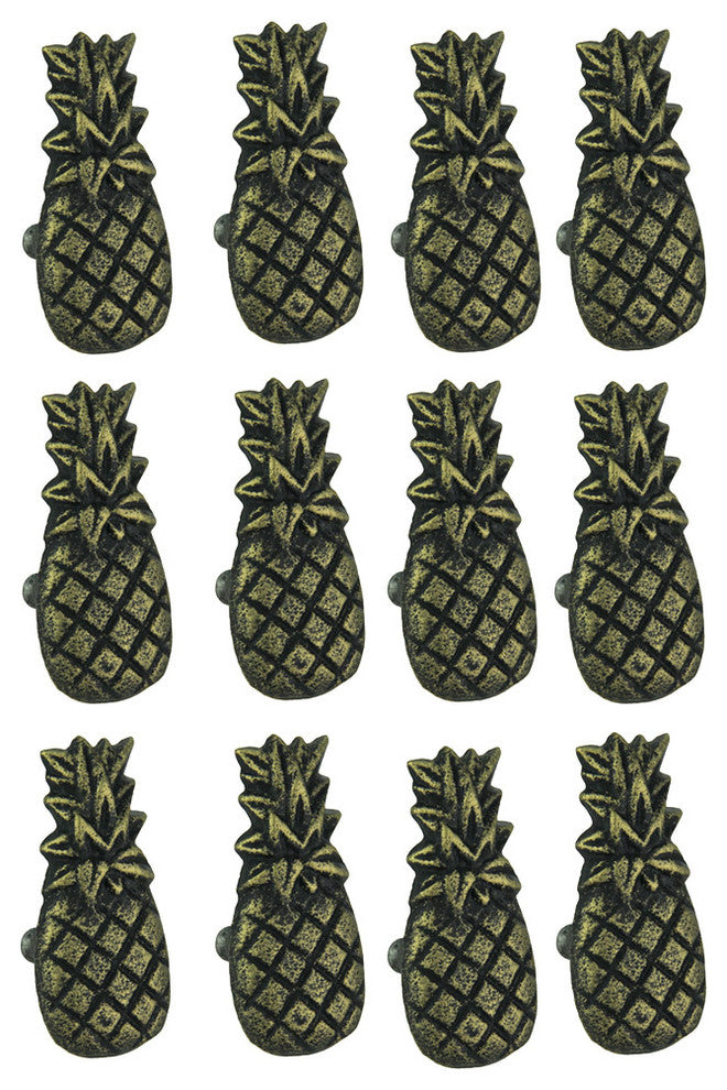 Set of 12 Distressed Antique Brass Finish Cast Iron Pineapple Drawer Pulls