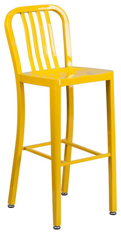 24" Round Yellow Metal Bar 3-Piece Table Set With 2 Vertical Slat Back Stools