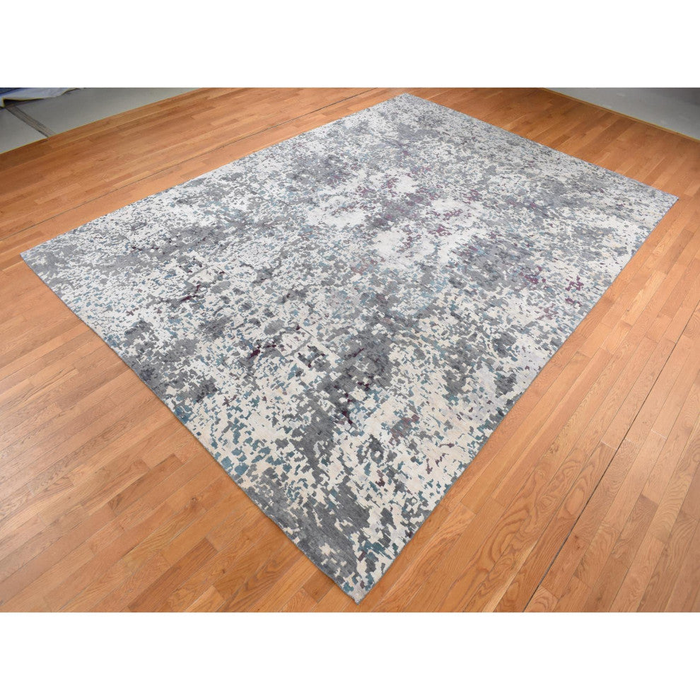 Carbon Gray Modern Abstract Design Hand Knotted Wool and Silk Rug 9'10"x13'7"