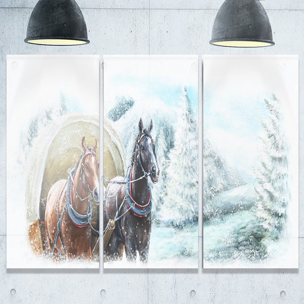 "Painted Scene With Horses in Winter" Metal Wall Art, 3 Panels, 36"x28"
