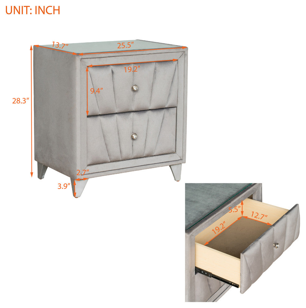 2-Drawer Wood Nightstand with Velvet Fabric and Glass Worktop, Silver Gray