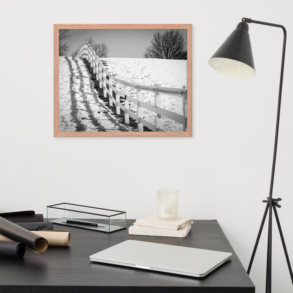 Endless Fences in Black & White Rural Landscape Framed Photo Paper Art Prints, Red Oak, 16" X 20"