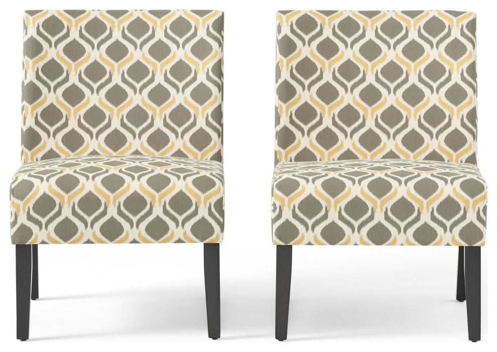 GDF Studio Kalee Contemporary Fabric Slipper Accent Chair, Set of 2, Yellow and Gray Ikat Pattern/ Matte Black