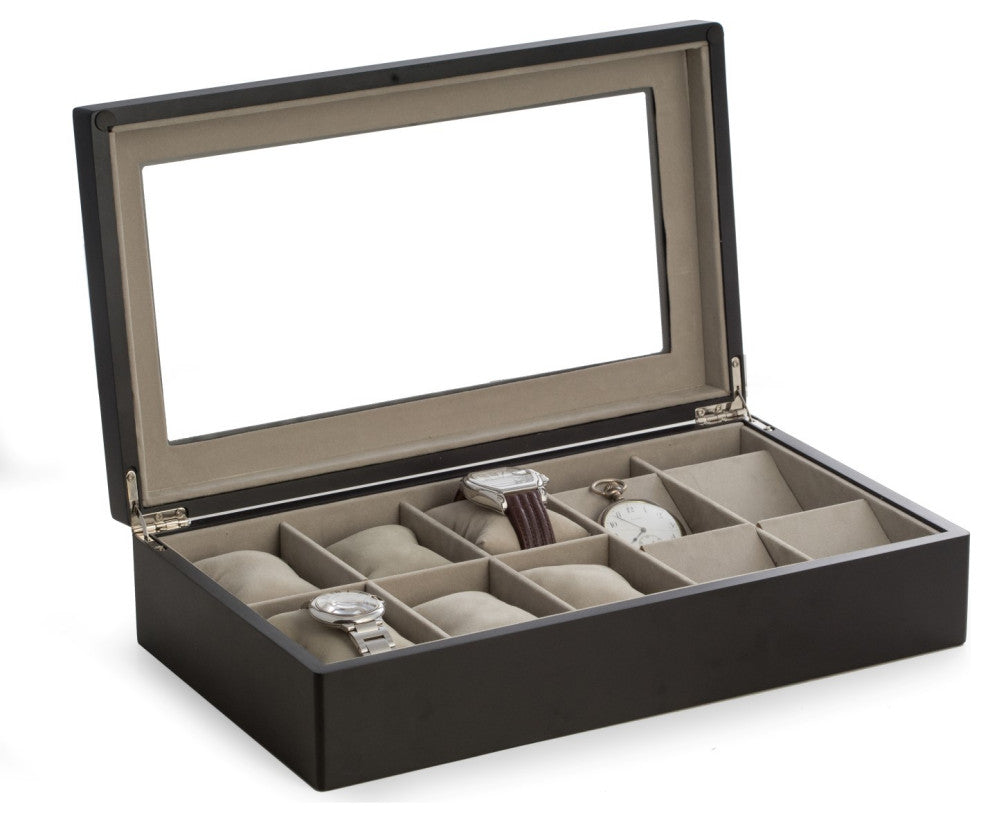 Matte Black Wood Watch Storage Box, 6 Watches, 4 Pockets