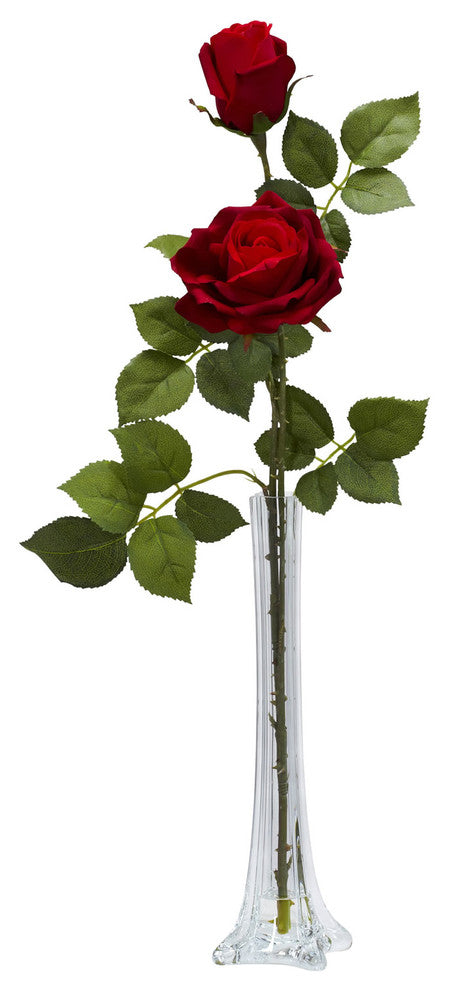 Roses With Tall Bud Vase Silk Flower Arrangement