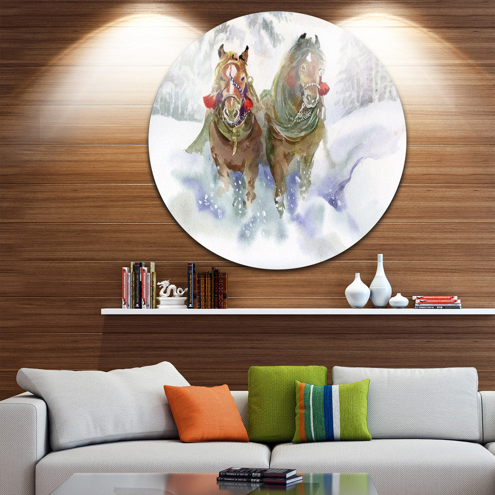 Horses Running In Winter, Animal Round Wall Art, 11"