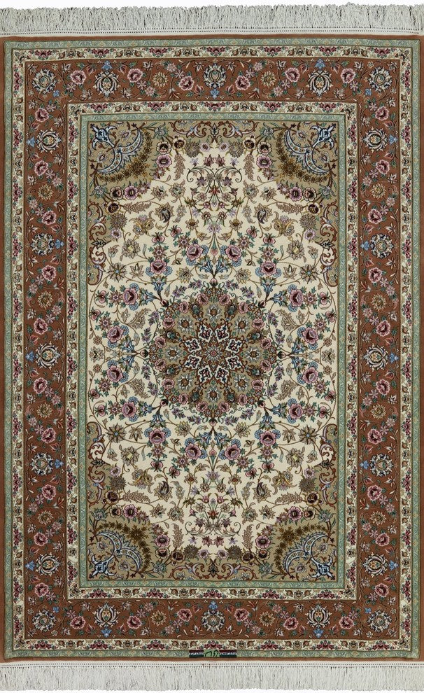 Hand Knotted Wool and Silk Authentic Signed Persian Isfahan Rug, 5'x8'
