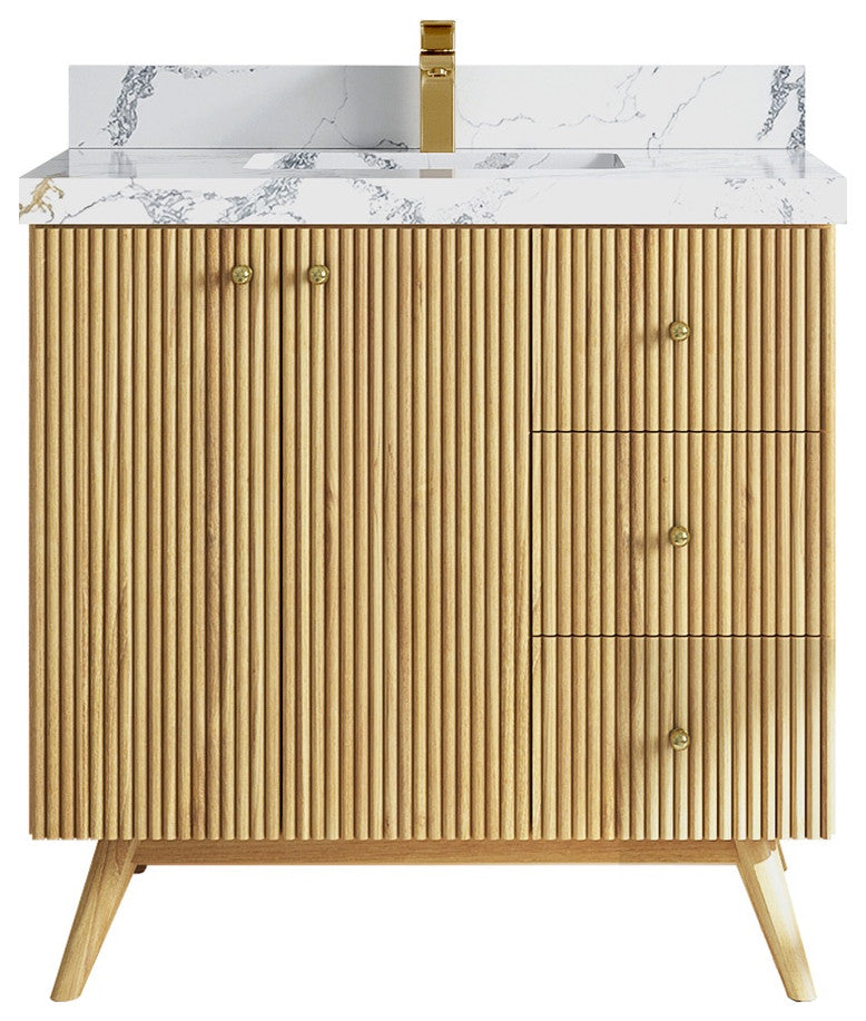 Pasadena 36" Center Sink Bath Vanity, Light Natural Teak 2" Calacatta Poanazzo